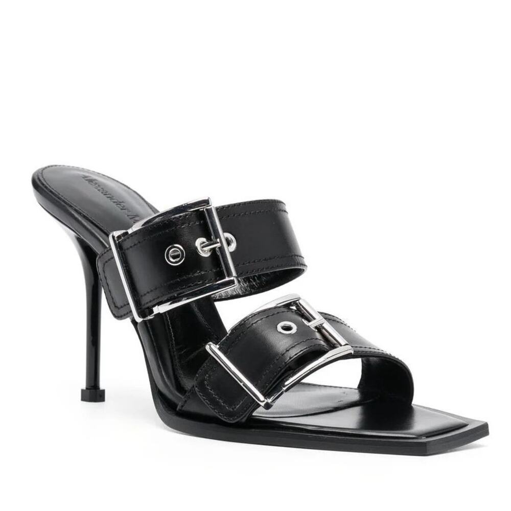 Alexander McQueen Leather Sandals Stiletto Heels Buckle-Detail Black/Silver 36